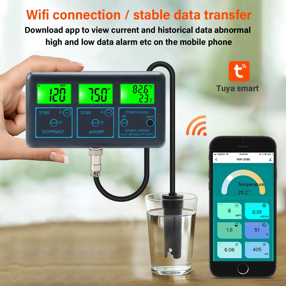 WiFi PH Meter & Water Tester – Temp, TDS, EC, ORP Smart Monitor for Aquariums, Hydroponics, Swimming Pools, Tuya APP Control