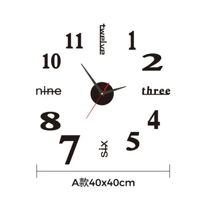 Large 3D DIY Silent Wall Clock — Simple Modern Punch-Free Wall Sticker in Black, Gold, or Silver