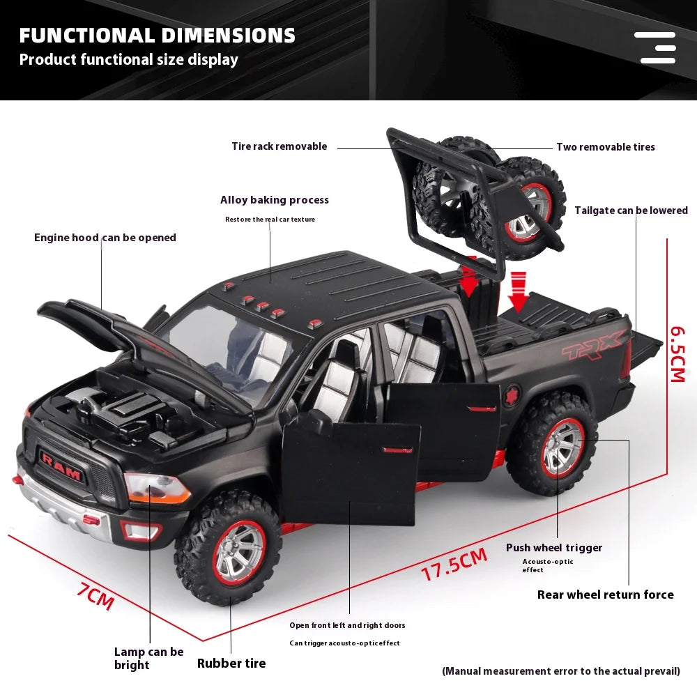 1:32 RAM Pickup Truck Alloy Model – Sound, Light & Spring-Back Action Toy for Kids’ Adventure Play