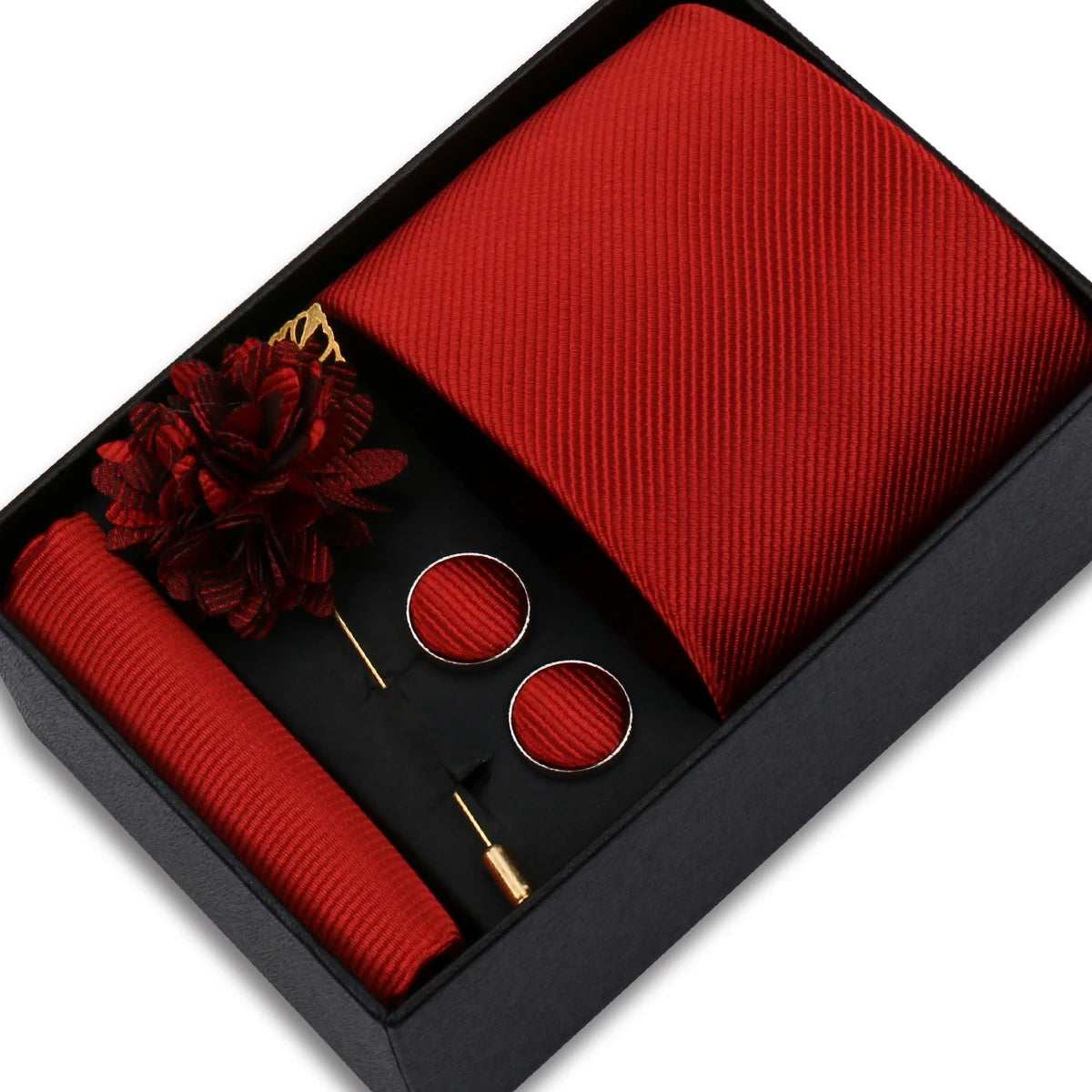 Men's Solid Color Tie Set - Jacquard Necktie, Hanky, Cufflinks & Brooch Gift Box for Weddings