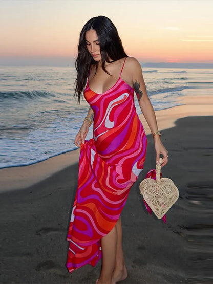 Women’s Striped Rainbow Spaghetti Strap Dress – Sleeveless Backless V-Neck Split Beach Dress, 2025 Summer Party Chic Robe