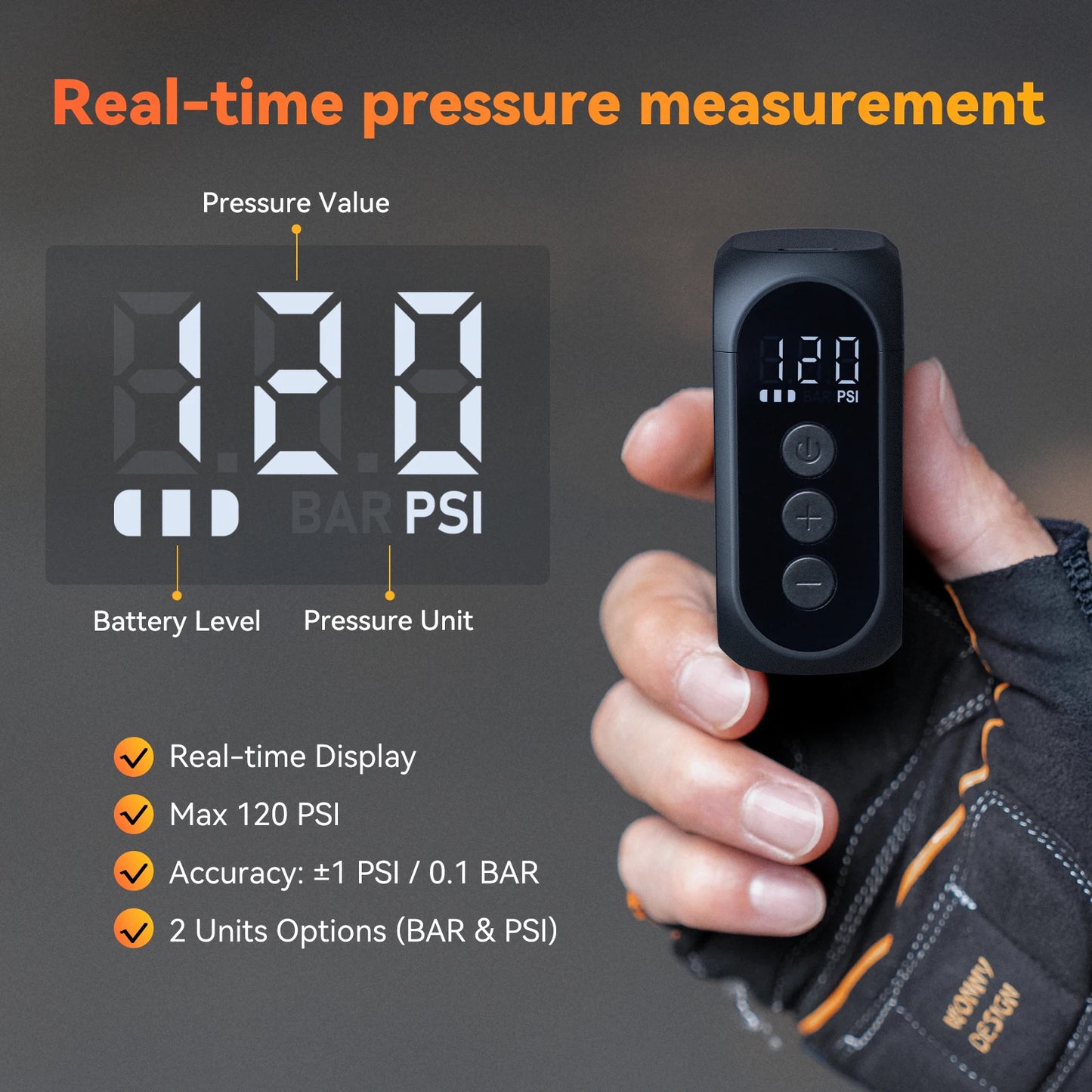 Anoutway AT1 Pro Mini Electric Bike Pump – Cordless Tire Inflator with Screen, 120PSI Max, 25-Min Fast Charging, 450mAh Battery