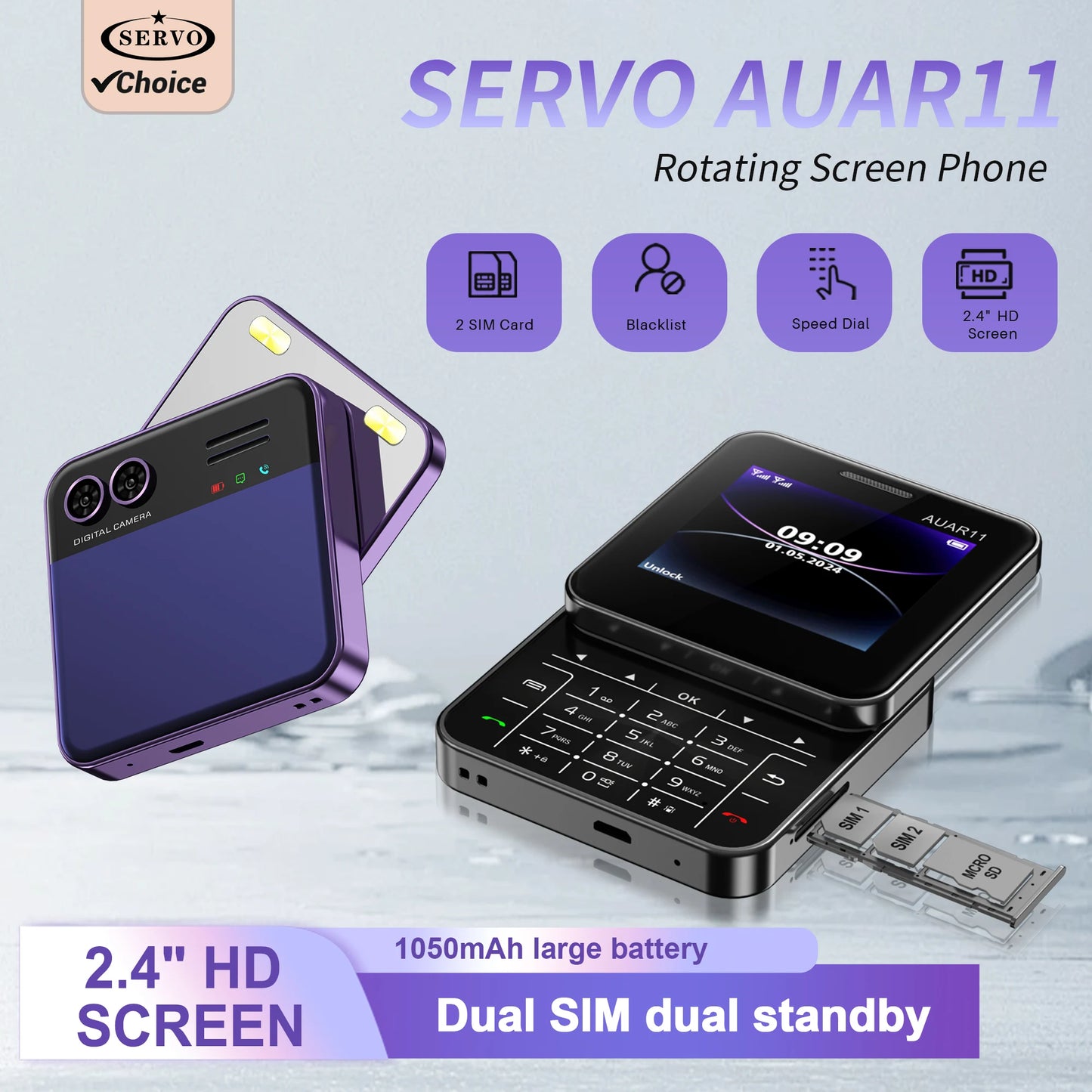 SERVO Mini 2G GSM Dual SIM Phone - Rotatable Slider Cellphone with Magic Voice, FM Radio & Quick Dial Buttons