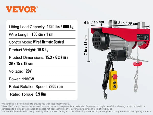 VEVOR 200–800kg Electric Hoist – Cable Winch Lifting Crane with Wired/Wireless Remote for Boat, Car, Garage & Elevator
