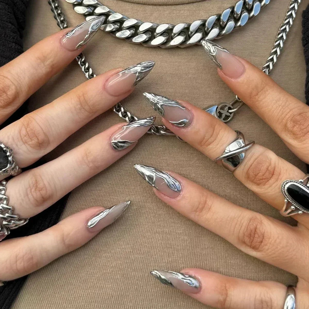 24Pcs French Press On Nails - Almond Fake Nail Tips with Glue, White Edge Design & Pink Stiletto Style Manicure Set