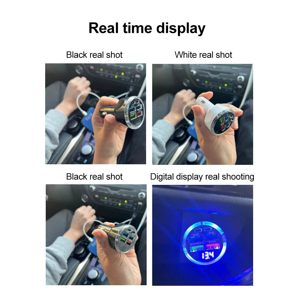 66-250W PD Car Charger – QC3.0 Fast Charge, 1-to-6 Cigarette Lighter Plug with Digital Display
