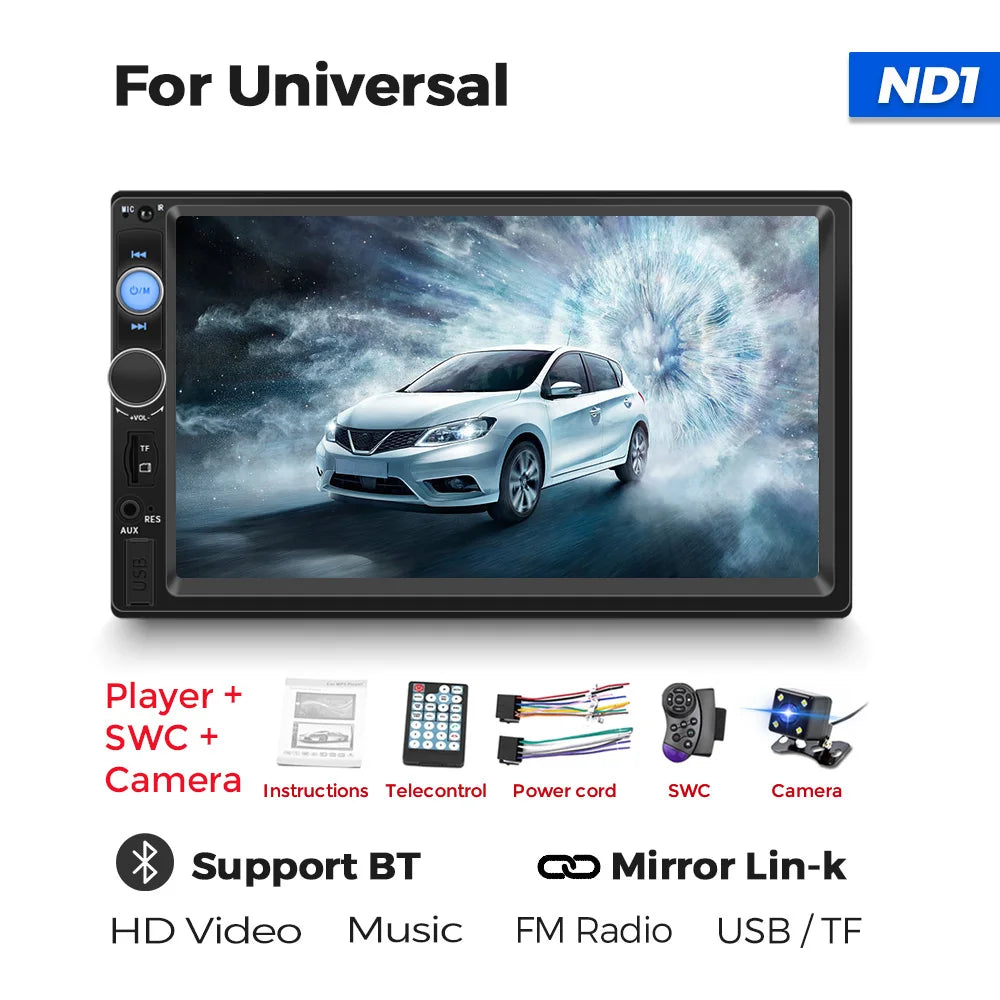 Navifly ND1 2-Din Car Radio — 7" HD Touchscreen Multimedia Player, Universal MP5 Stereo with Bluetooth, TF, FM & Camera Support