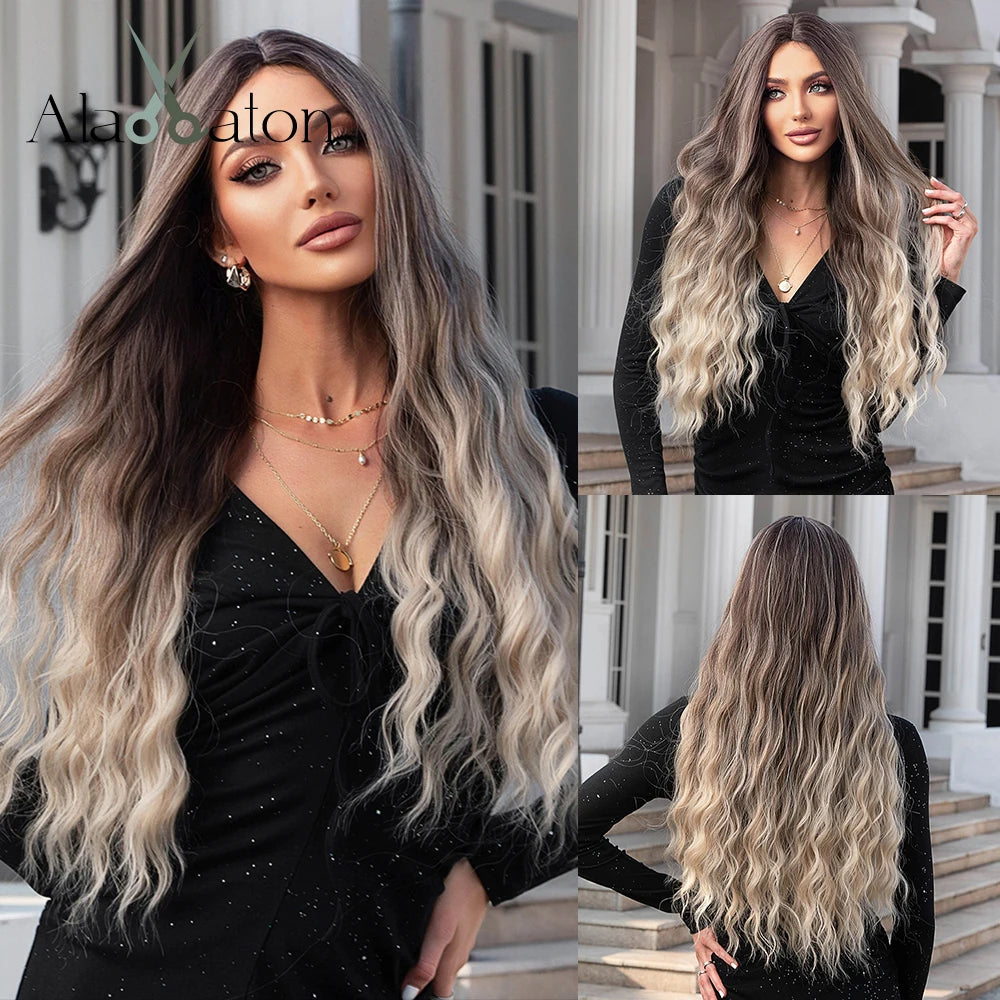 ALAN EATON Black Long Wavy Synthetic Wig – Natural Afro Hair, Middle Part, Heat-Resistant Fiber for Daily Use