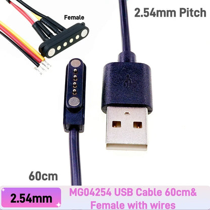 Magnetic Pogo Pin Connector - 2–5 Pin Spring-Loaded Male/Female Power Socket, 2.54/2.8mm Spacing, USB Cable Compatible