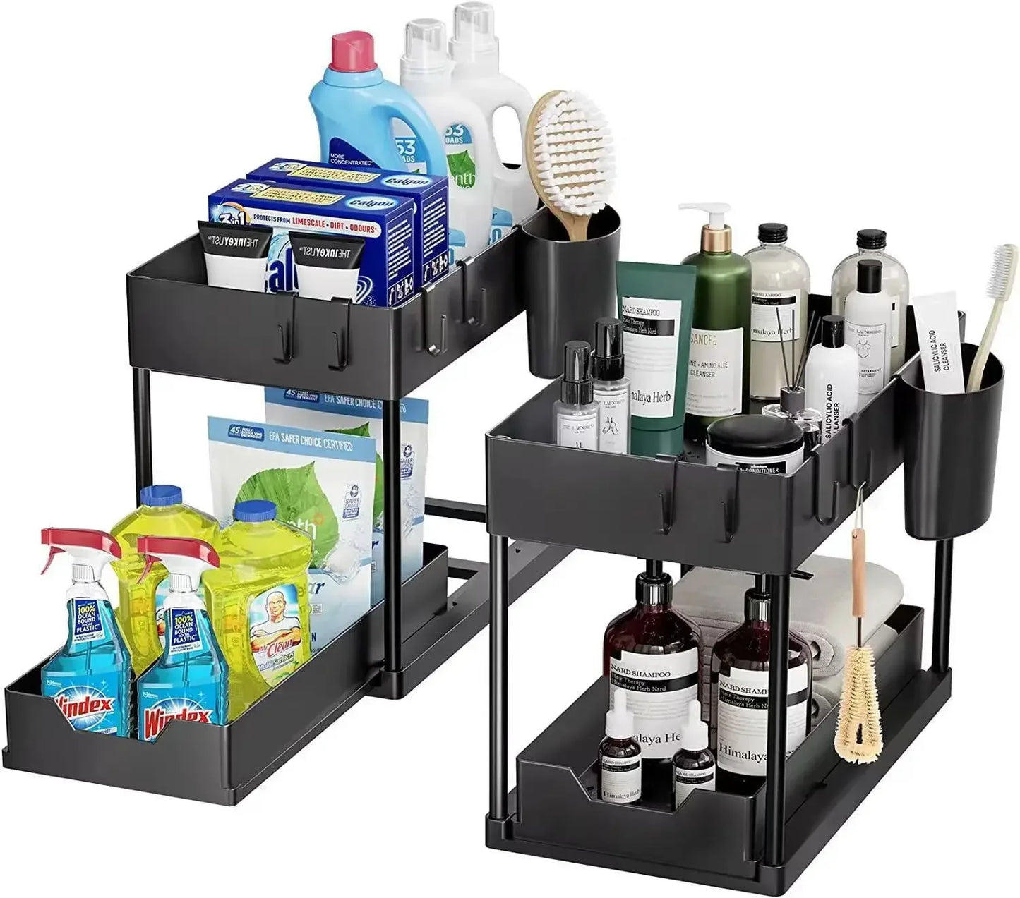 2-Tier Under Sink Organizer - Sliding Cabinet Basket with Hooks, Hanging Cup for Bathroom and Kitchen Storage