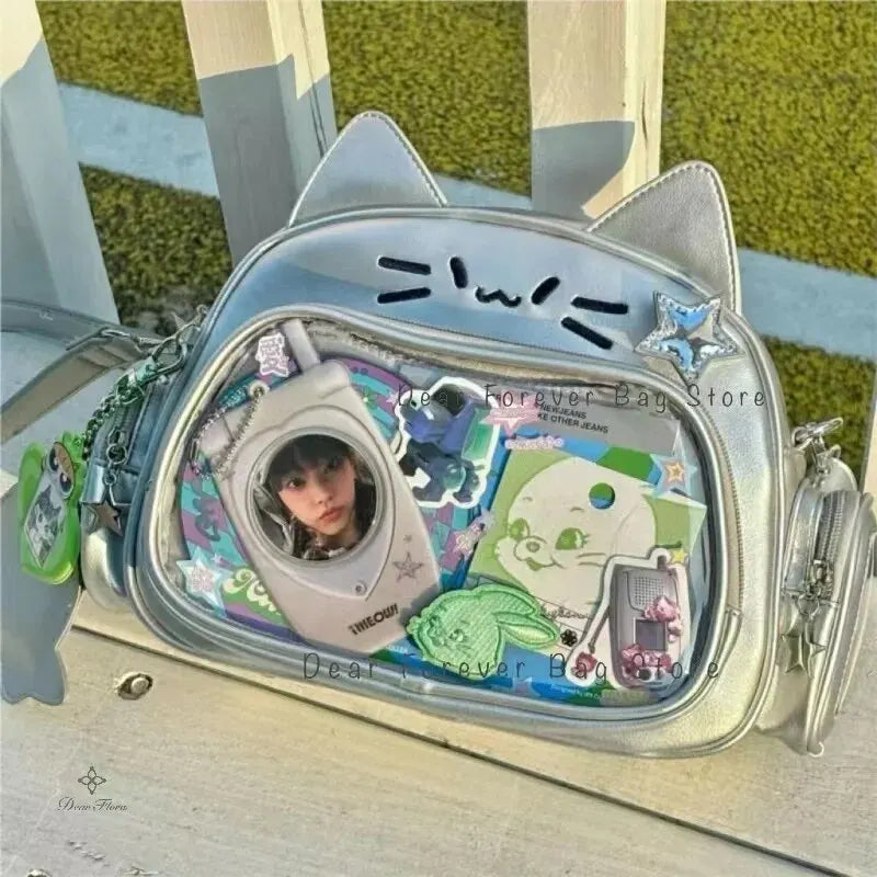 Y2K Korean Kawaii Cat Ita Bag — Cute PU Transparent Shoulder & Crossbody Bag for Girls, Harajuku Style Backpack