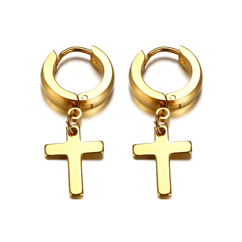 Stainless Steel Cross Charm Earrings - Men's Fashion Jewelry