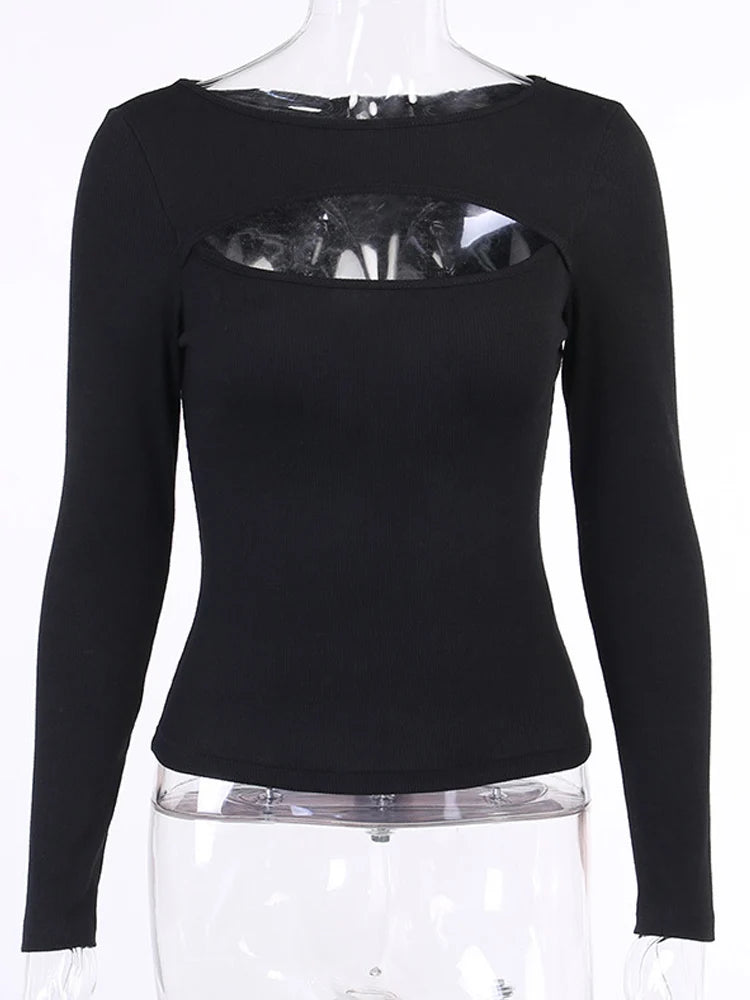 Chic Autumn Style: Women's Hollow Out Knitted Long Sleeve T-Shirt - Solid Black/White, Casual Slim Fit O-Neck Fashion Tee