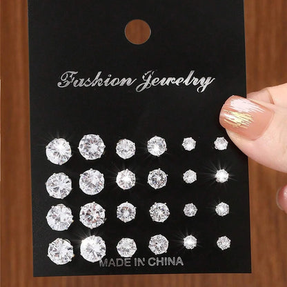 12 Pairs Luxurious Zirconia Earrings Set – Shiny Elegant Simple Stud Jewelry Gift for Parties, Couples & Daily Wear