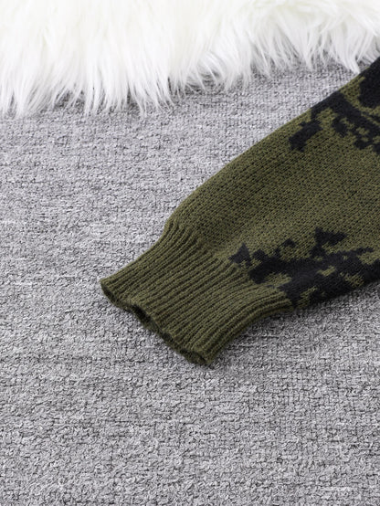 Men's Abstract Eye Jacquard Sweater - Round Neck Knitted Autumn Winter Casual Pullover Top