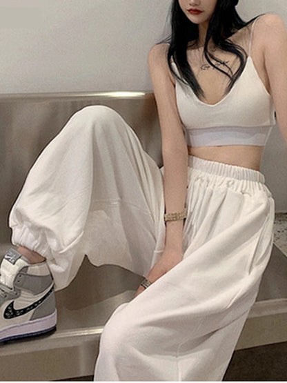 Women's White Wide Leg Jogger Sweatpants - Casual Fashion Sports Ankle-Length Trousers