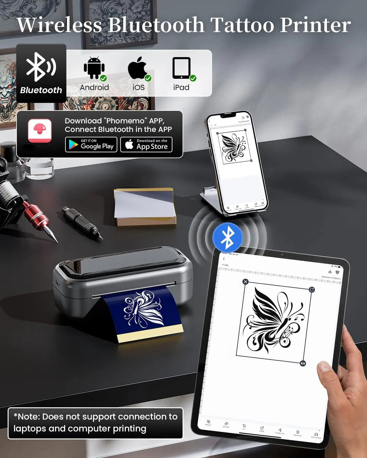 TP31 Thermal Tattoo Stencil Printer – Wireless Bluetooth Mini Portable Printer with Transfer Paper for Tattoo Artists