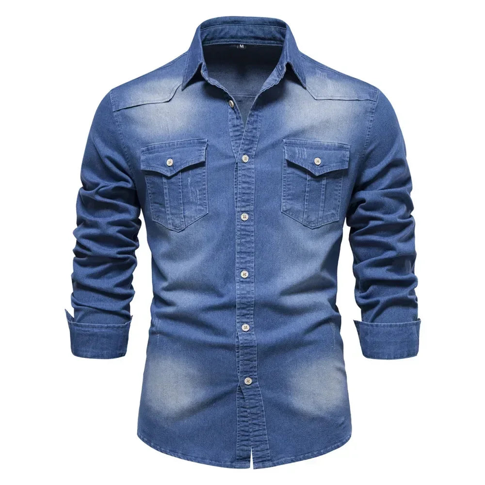 AIOPESON Men's Cotton Denim Shirt - Long Sleeve Slim Fit Casual Cowboy Style Shirt