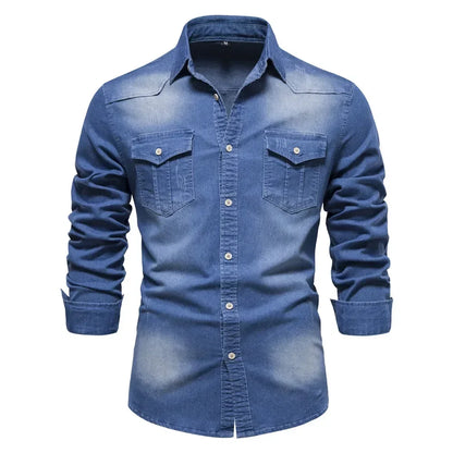 AIOPESON Men's Cotton Denim Shirt - Long Sleeve Slim Fit Casual Cowboy Style Shirt