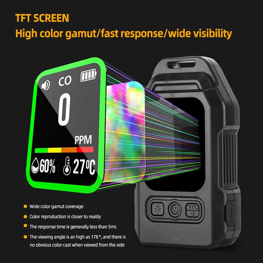 Yieryi 3-in-1 CO Gas Leak Detector - Portable Carbon Monoxide Alarm with Flashlight, Temperature & Humidity Meter for Indoor Use