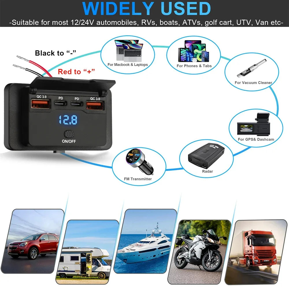 Car Charger Socket Adapter with Switch | 4-Port Charging Splitter for Bus, RV, ATV, Truck, Boat | 12V/24V PD, QC3.0