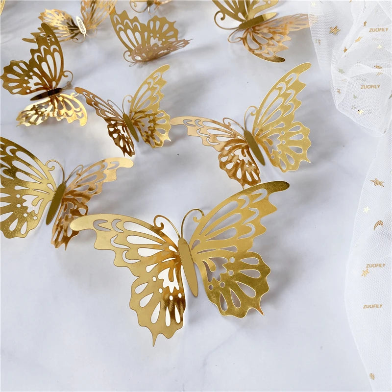 12PCS 3D Hollow Butterfly Wall Stickers – Gold, Silver & Rose Decorative Decals for Wedding, Living Room & Home Decor