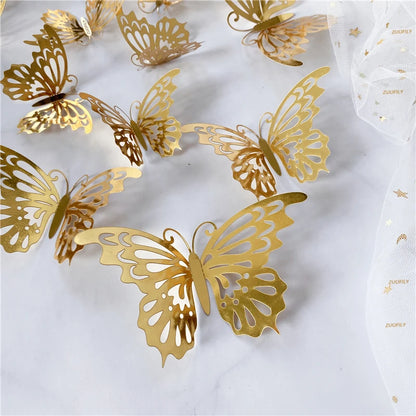 12PCS 3D Hollow Butterfly Wall Stickers – Gold, Silver & Rose Decorative Decals for Wedding, Living Room & Home Decor