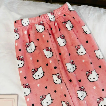 Kawaii Hello Kitty Flannel Pajama Pants – Warm Woolen Anime Trousers for Women, Cute Autumn Loungewear Gift