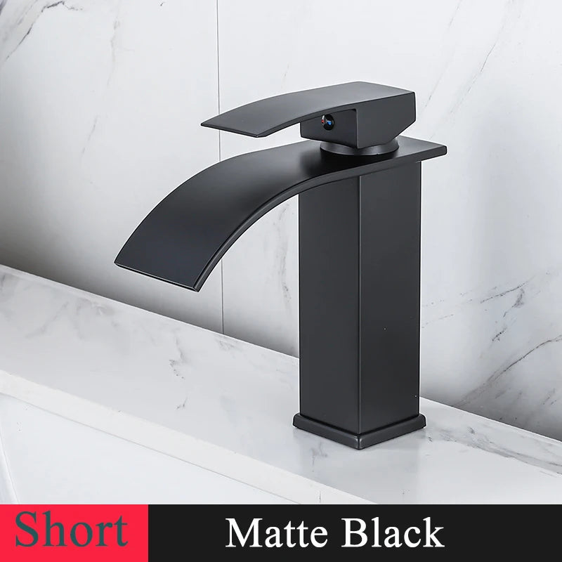 Bathroom Basin Sink Faucet - Deck Mount Waterfall Spout Tap with Single Handle, Hot & Cold Water Mixer for Vanity Washbasin