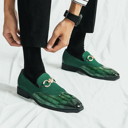 Autumn Green Nubuck Leather Loafers for Men - Slip-On Pointed Toe Casual Shoes with Thick Sole and Luxury Fashion Style
