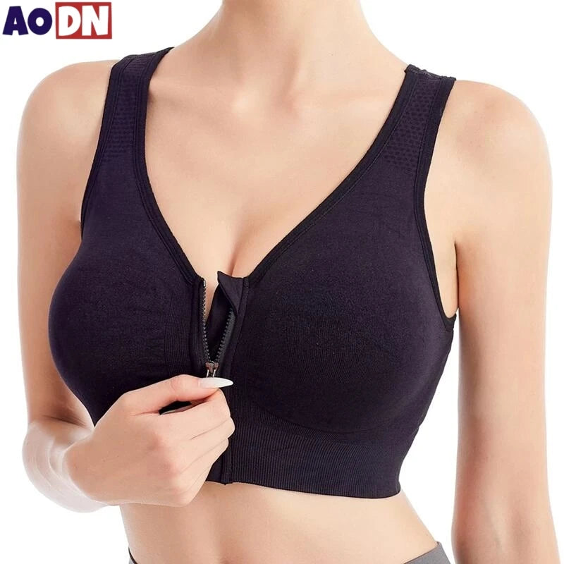 Women’s Front Zipper Sports Bra – Shockproof Seamless Breathable Wireless Fitness & Running Bralette