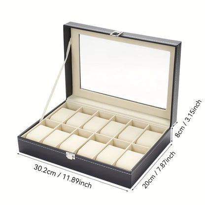 12-Slot Watch Organizer Display Case — Synthetic Leather Storage with Lock & Removable Pillows for Men, Travel & Gifts