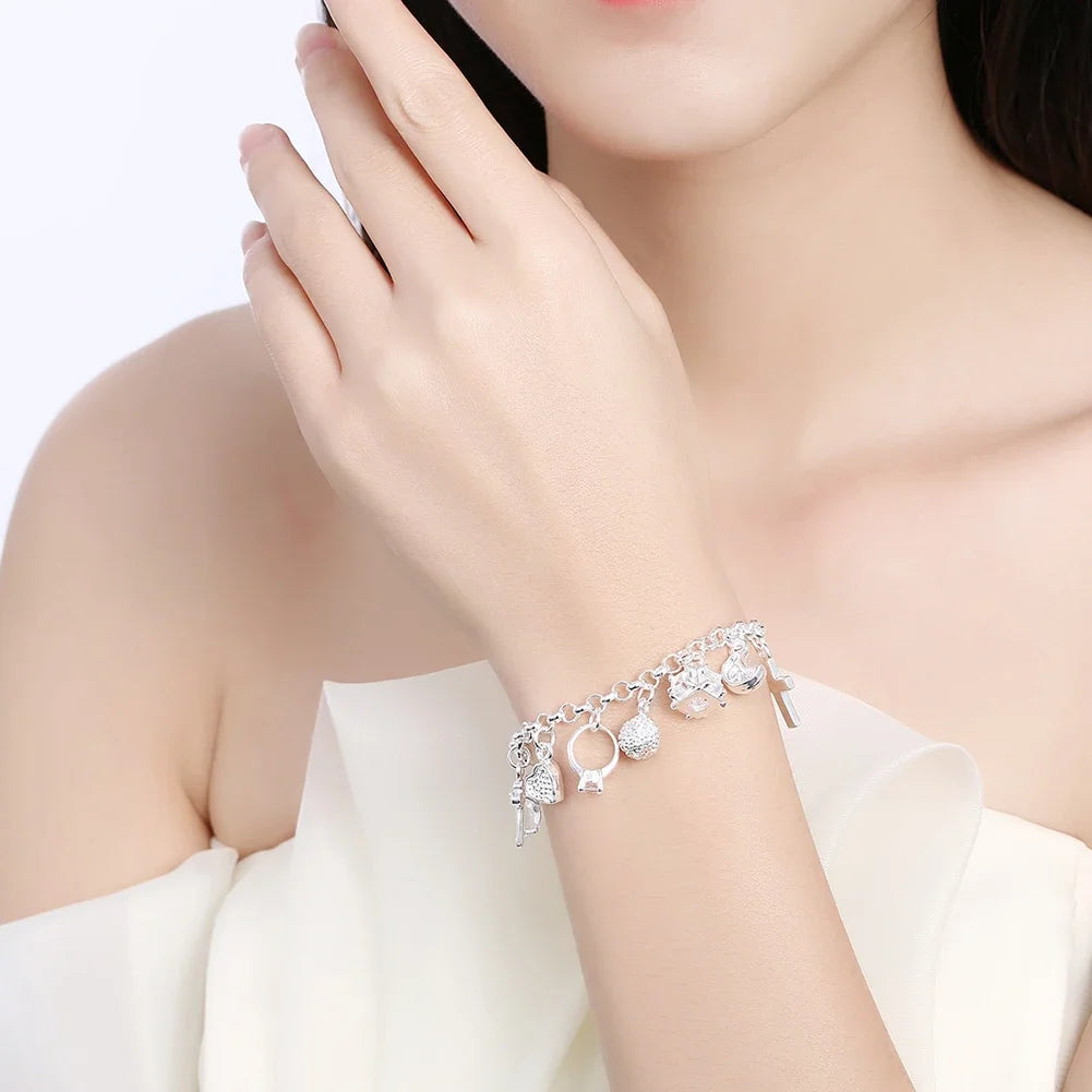 Fashion 925 Sterling Silver Bracelet for Women — Pretty Heart Zircon Pendant Chain, 20CM/8inch, Classic Wedding & Party Jewelry Gift