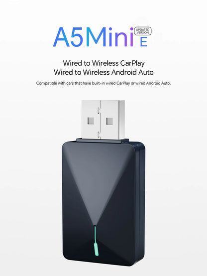 2 in 1 Mini Wired to Wireless CarPlay & Android Auto Adapter – 5GHz WiFi5 for Cars with Wired CarPlay/Auto