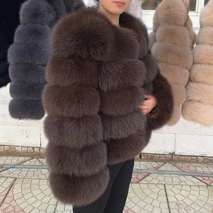 QUEENTINA Women’s Real Fox Fur Coat – Brown Leather & Skin Winter Fashion Outerwear 2025