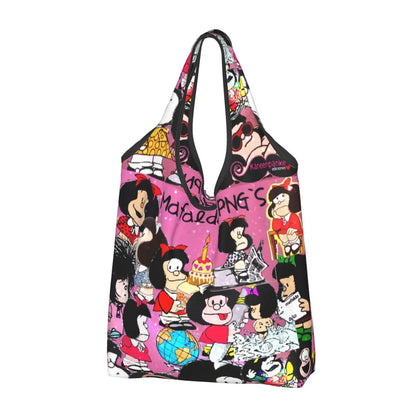 Anime Mafalda Cartoon Grocery Tote Bag – Large Capacity Fashion Shopper Shoulder Handbag, Portable Kawaii Canvas Bag for Everyday Use