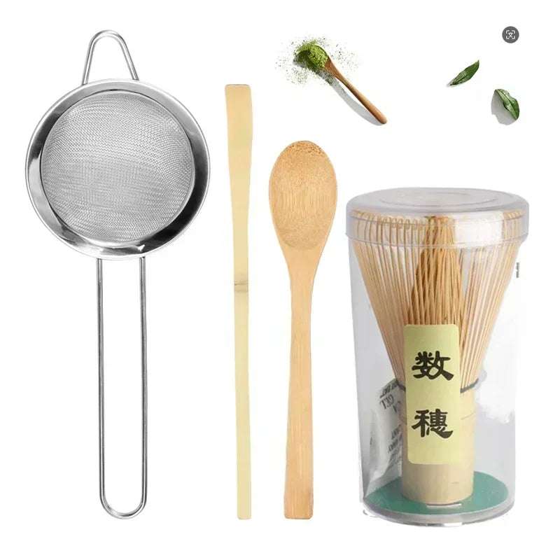 4-Piece Matcha Whisk Set - Handmade Bamboo Tea Whisk, Scoop, Strainer & Storage Holder
