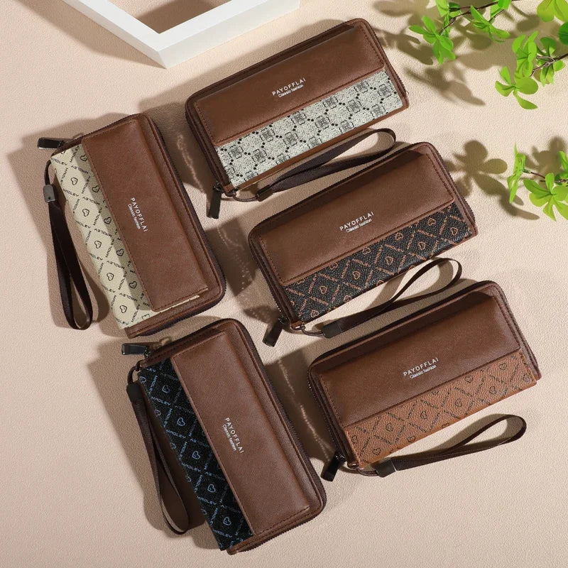 Classic Men’s Faux Leather Wallet – Bifold with Snap Closure, Zipper Card Holder & Photo Slot, Color Block Design