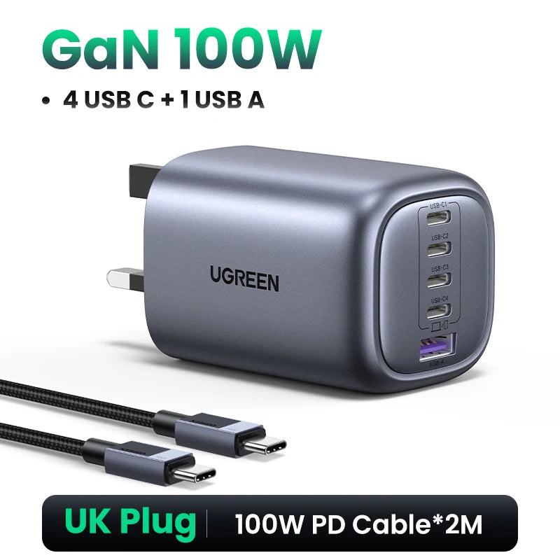 UGREEN 100W GaN 5-Port USB-C Charger – Fast Charger QC4.0/3.0 PPS for MacBook, Laptop, iPhone 16/15/14 Pro, Tablet