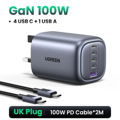 UGREEN 100W GaN 5-Port USB-C Charger – Fast Charger QC4.0/3.0 PPS for MacBook, Laptop, iPhone 16/15/14 Pro, Tablet