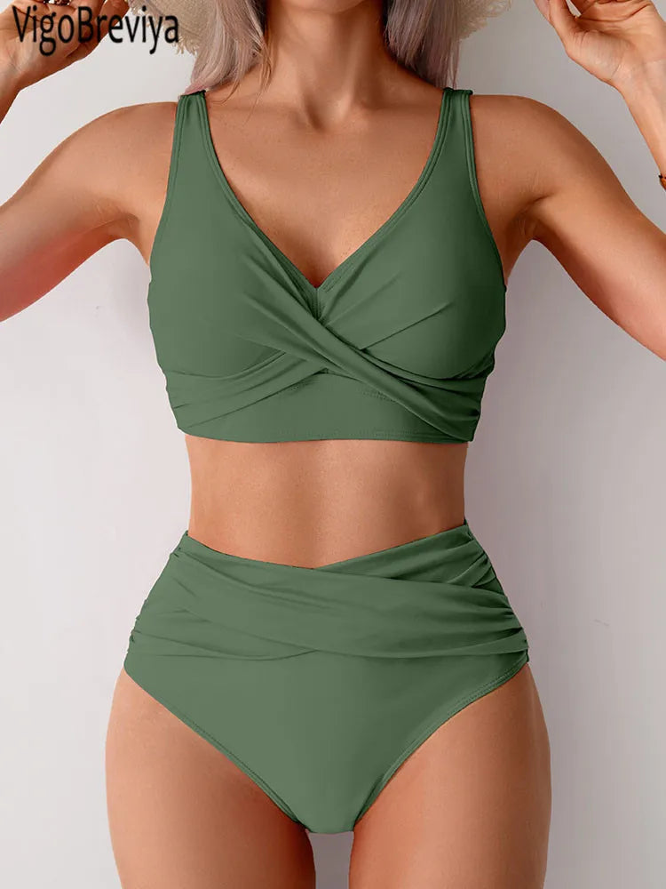 VigoBreviya 2025 Sexy Solid Strapped Bikini Set – Cross Push-Up, High Waist Brazilian Swimsuit for Women, Beach & Bath Wear