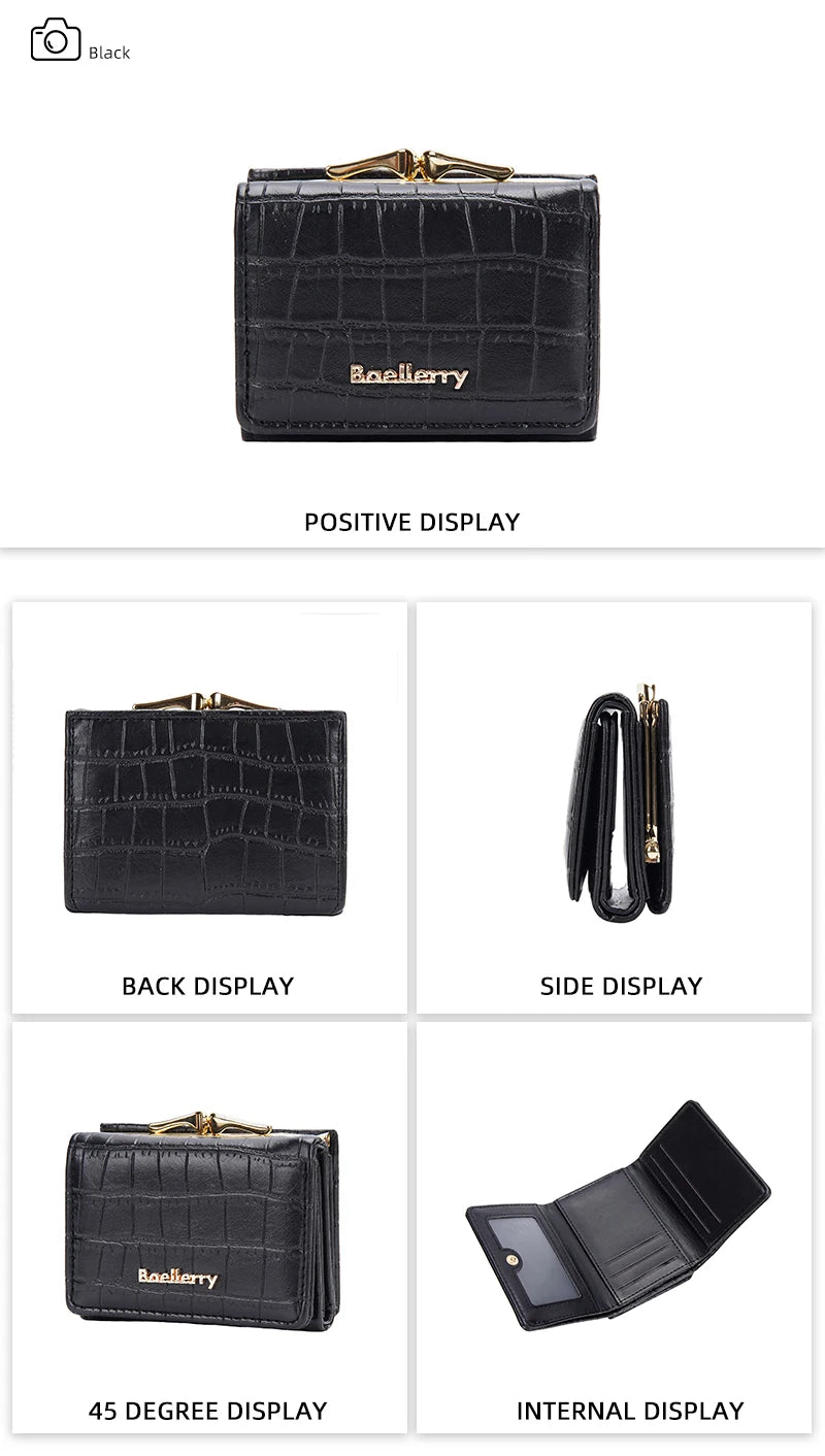 Baellerry Short Women’s Wallet — Crocodile Pattern Coin & Card Holder with Photo Slots, Hasp Purse for Girls