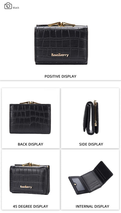 Baellerry Short Women’s Wallet — Crocodile Pattern Coin & Card Holder with Photo Slots, Hasp Purse for Girls