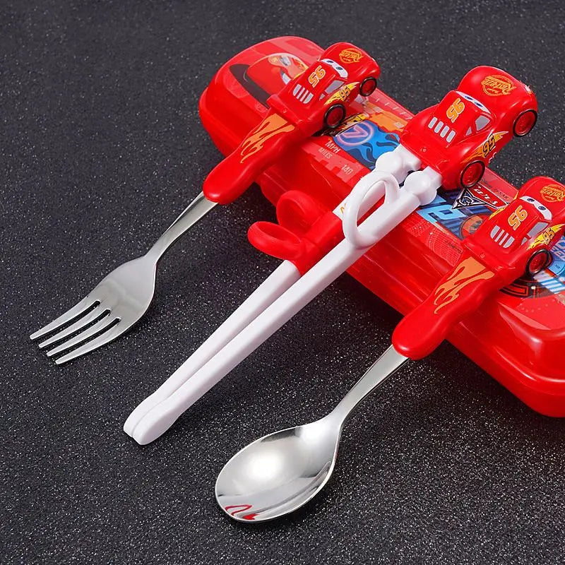Disney Kids Tableware Set — Lightning McQueen, Mickey, Minnie, Stitch & Princess Elsa Training Chopsticks and Spoons