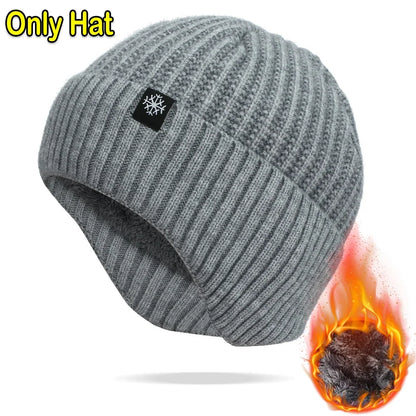 Men’s Outdoor Winter Knitted Hat – Plush Faux Fur Lined Peaked Cap with Earmuffs, Casual Fashion Bomber Hat for Cycling & Ear Protection