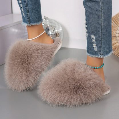 Women’s Winter Fashion Fur Slippers – Fluffy Plush Luxury Outdoor Non-Slip Flat Slides