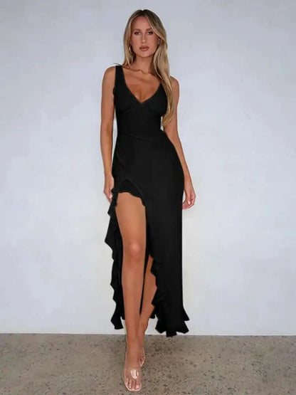 Avrilyaan Women’s Ruffle High Split Backless Midi Dress – Elegant Sexy Evening Party Summer Robe, Slim Fit Fashion Vestido 2024
