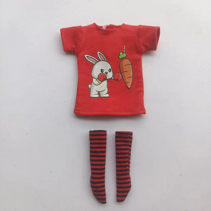 Handmade OB24 1/6 Blyth Doll Clothes – Cartoon T-Shirt with Striped Socks for 1/6 Doll Accessories