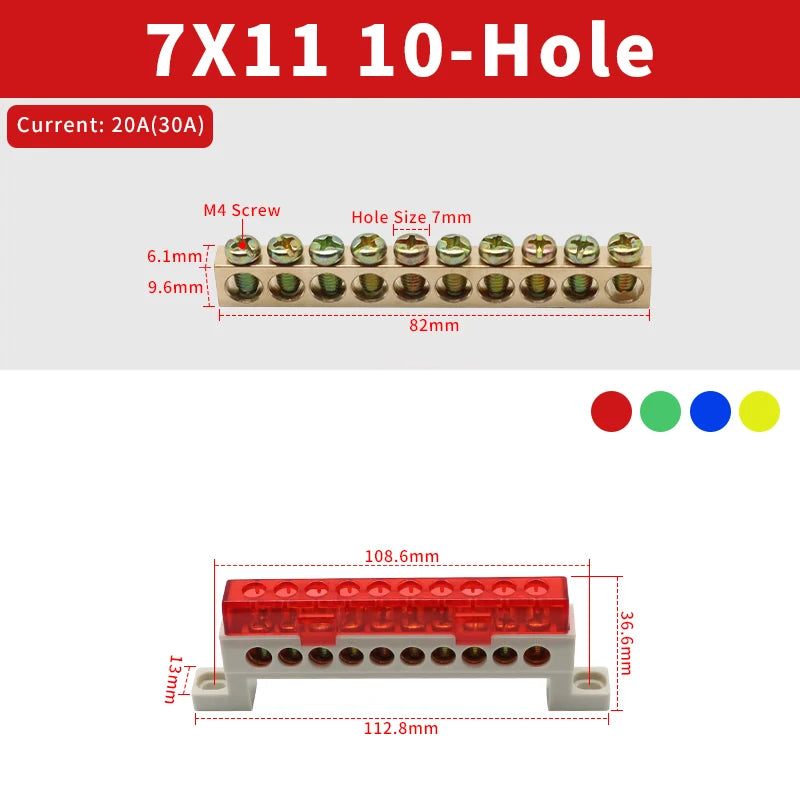 Brass Terminal Block A10 Multi-Hole (3–15 Way) – Neutral Power Distribution Terminal Strip for Electrical Cabinets & Panels