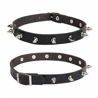 Black PU Leather Spike Choker Necklace – Studded Punk Gothic Biker Collar for Women & Men
